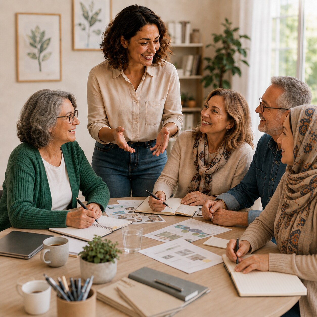 Animatrice échangeant avec un groupe de seniors pendant un atelier