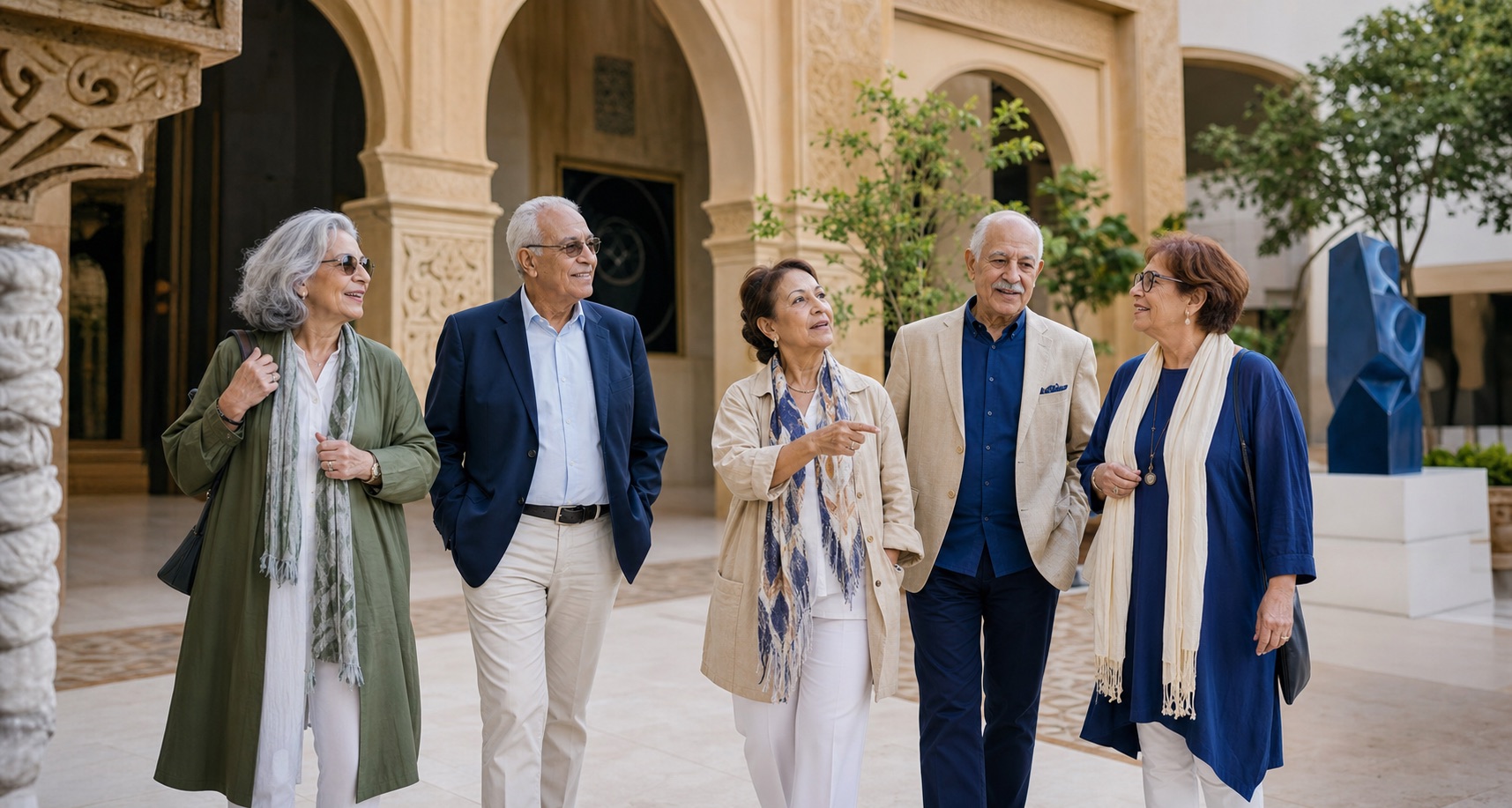 Cinq membres de Club Senior visitent ensemble un lieu culturel à Casablanca