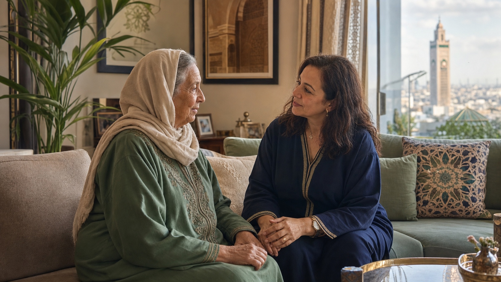 Discussion bienveillante avec un parent âgé à Casablanca